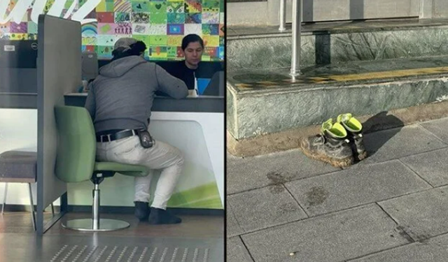 İnşaat işçisi banka şubesine çamurlu ayakkabısını çıkarıp girdi