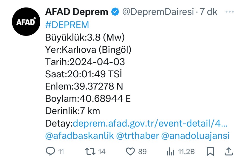 Bingöl Deprem 3.8