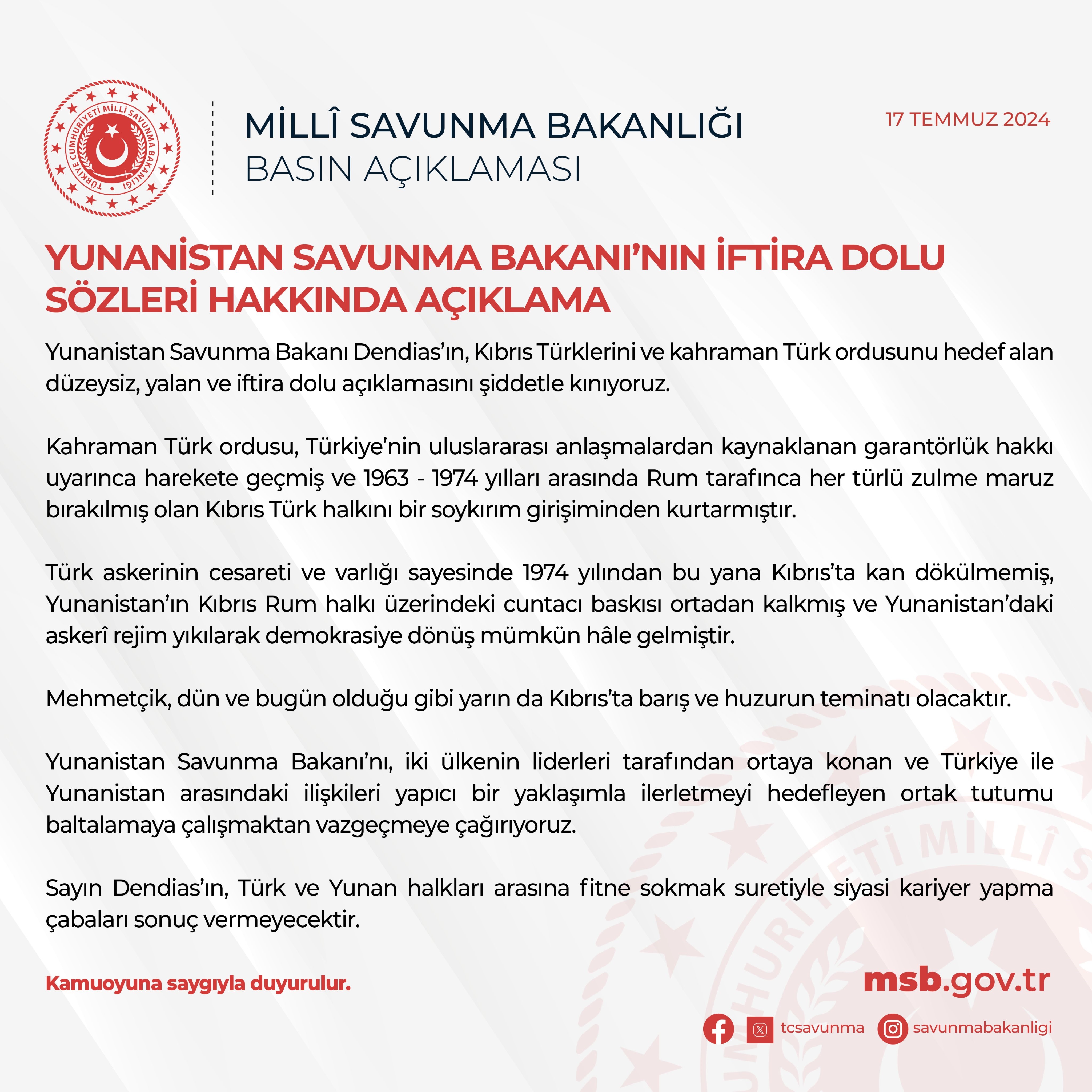 Msb “Yunanistan Savunma Bakanı Dendias’ın Kıbrıs Türklerini Ve Kahraman Türk Ordusunu Hedef Alan Düzeysiz, Yalan Ve Ift-1