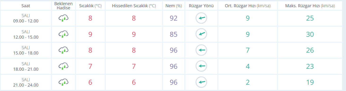 14 Ocak Salı  Manisa'da hava durumu