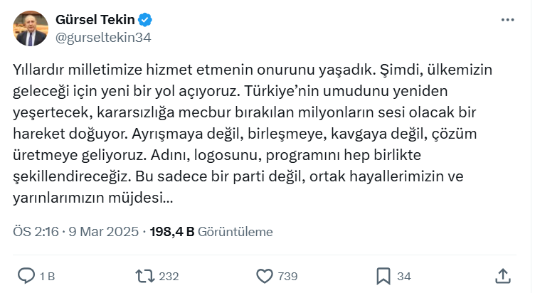 Chp’’den Istifa Etmişti; Gürsel Tekin Parti Kuruyor