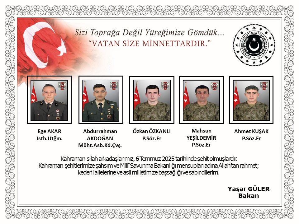 Millî Savunma Bakanlığı Şehitlerin Isimlerini Açıkladı